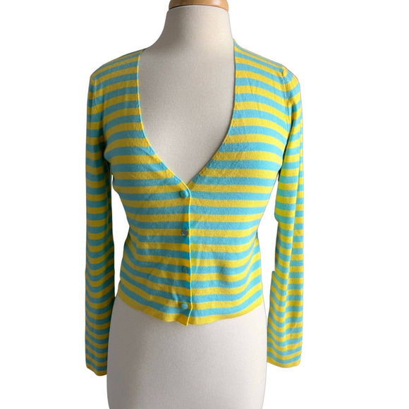 RONDINA New York Blue Yellow Cropped Striped Cardigan Sweater Size L - Picture 1 of 10